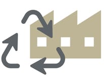 Symbol des Recycling-Logos mit drei Pfeilen über einem Symbol von Gebäuden