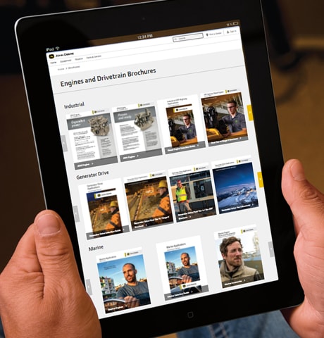 iPad mit der Webseite für Motoren- und Antriebstechnik auf Deere.com