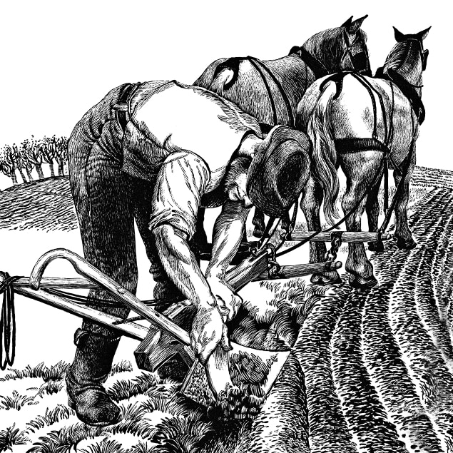 Linienillustration, die einen Landwirt zeigt, der Schmutz von seinem Stahlpflug kratzt