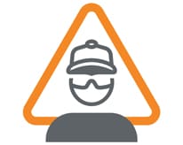 Oranges Dreieck mit dem Symbol einer Person, die Schutzhelm und Brille trägt