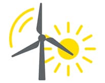 Symbol einer Windkraftanlage mit gelben Wind- und Sonnensymbolen