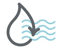 Graues Symbol eines Wassertropfens mit Pfeil, Hinweis auf Nachhaltigkeit in Form von Wiederverwendung in größeren Wasserquellen – Wellensymbol